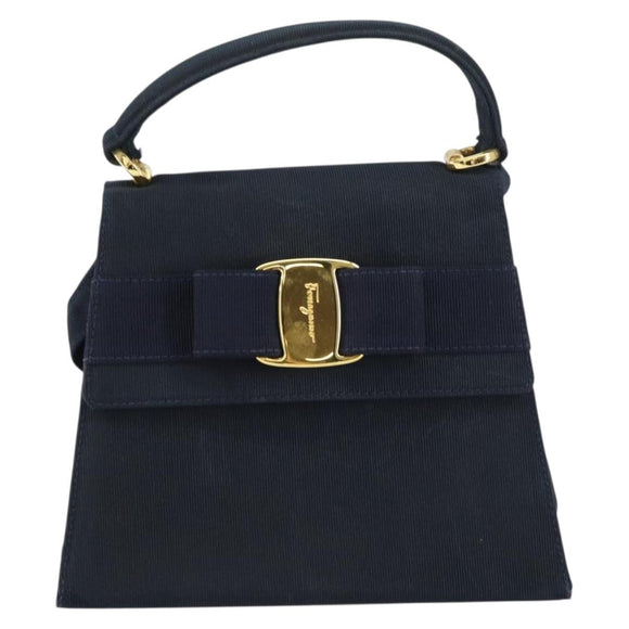 Salvatore Ferragamo Vala Hand Bag Canvas 2way Navy Gold Auth 158410