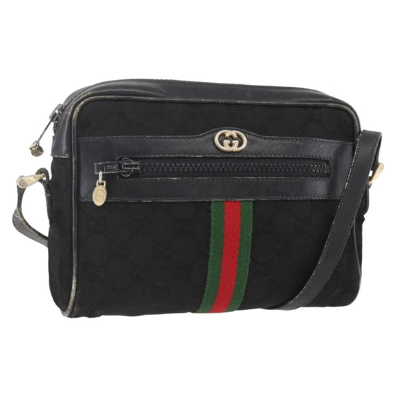 GUCCI GG Canvas Web Sherry Line Shoulder Bag Black Gold Auth 158418