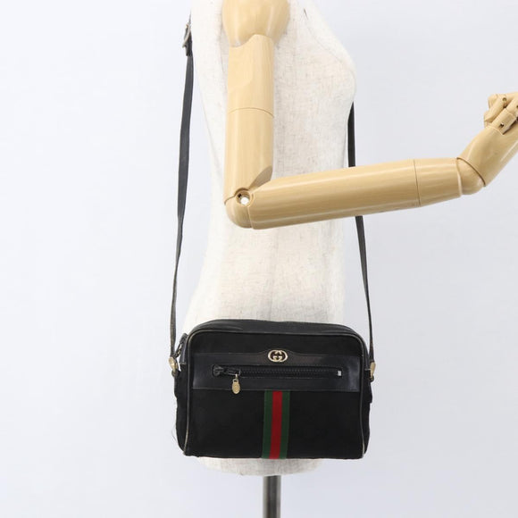 GUCCI GG Canvas Web Sherry Line Shoulder Bag Black Gold Auth 158418