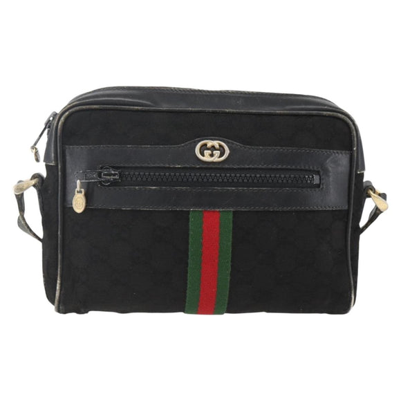 GUCCI GG Canvas Web Sherry Line Shoulder Bag Black Gold Auth 158418