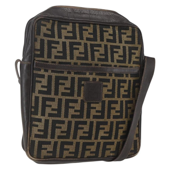 FENDI Zucca Canvas Shoulder Bag Black Brown Auth 158420