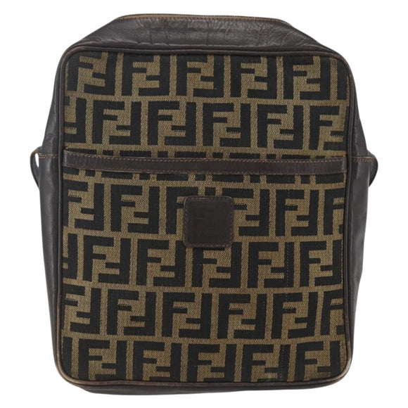 FENDI Zucca Canvas Shoulder Bag Black Brown Auth 158420