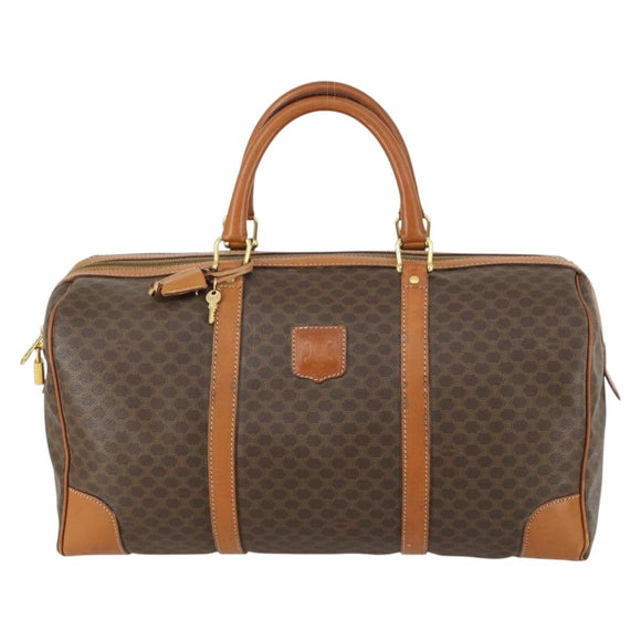 CELINE Macadam Canvas Boston Bag PVC Leather Brown Gold Auth 158425