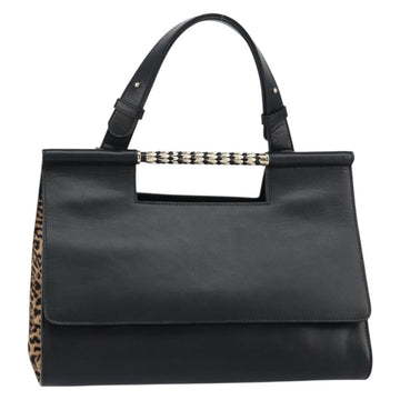 BVLGARI Hand Bag Leather Black Gold Auth 158441