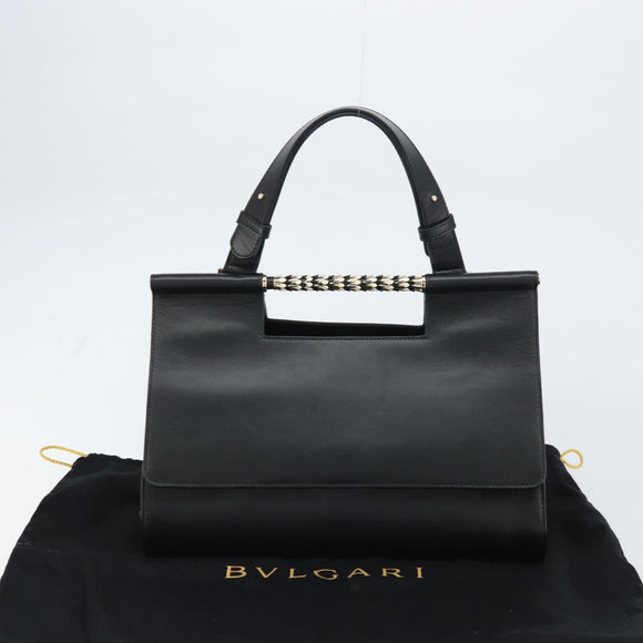 BVLGARI Hand Bag Leather Black Gold Auth 158441
