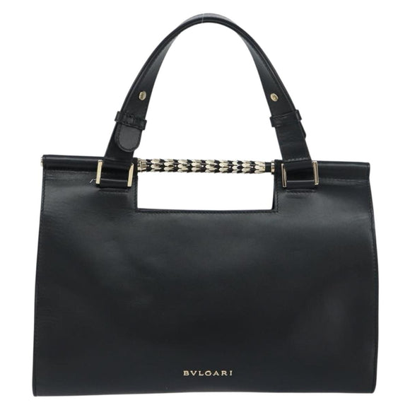 BVLGARI Hand Bag Leather Black Gold Auth 158441