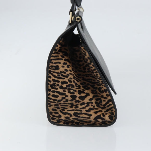 BVLGARI Hand Bag Leather Black Gold Auth 158441