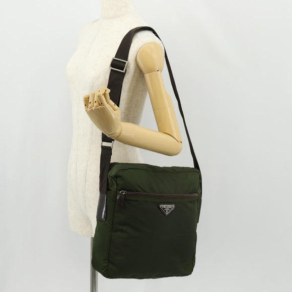 PRADA Shoulder Bag Nylon Khaki Silver Auth 158481