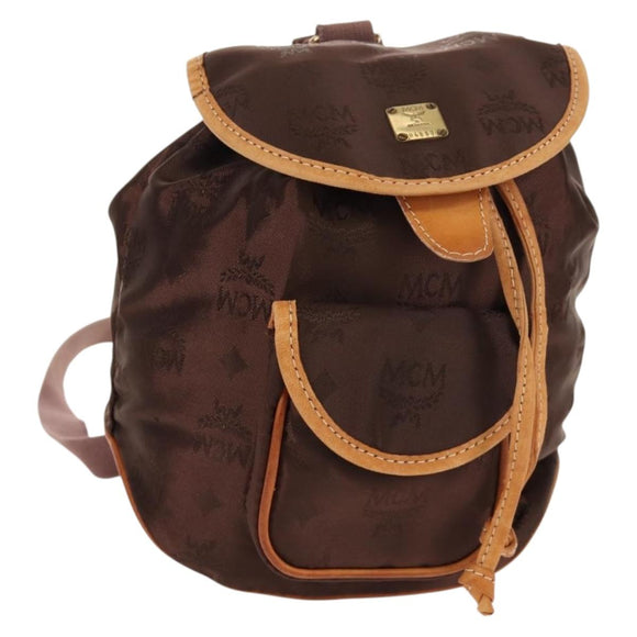 MCM Logogram Vicetos Backpack Nylon Brown Gold Auth 158482