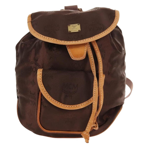 MCM Logogram Vicetos Backpack Nylon Brown Gold Auth 158482