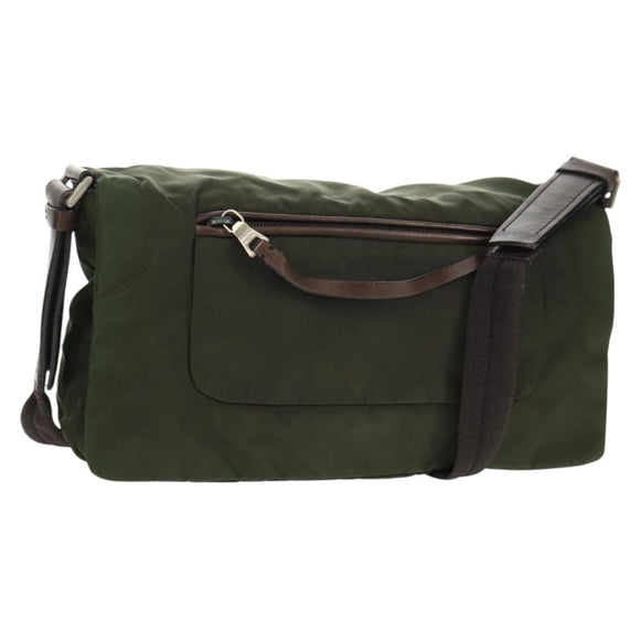 PRADA Shoulder Bag Nylon Khaki Silver Auth 158484