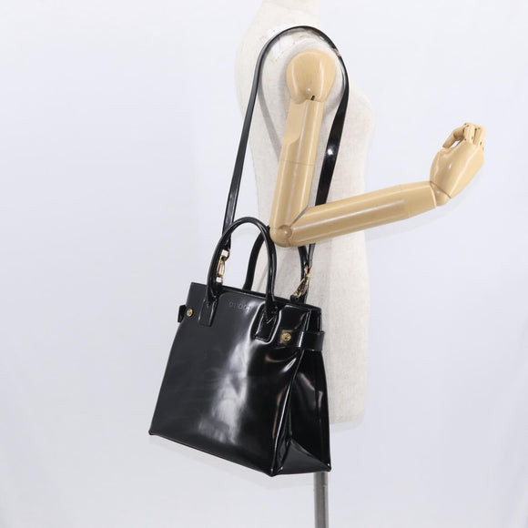 GUCCI Hand Bag Enamel 2way Black Gold Auth 158500