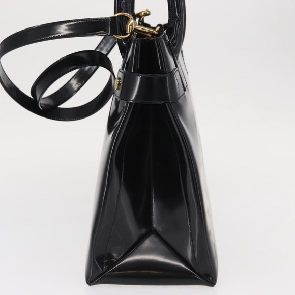 GUCCI Hand Bag Enamel 2way Black Gold Auth 158500