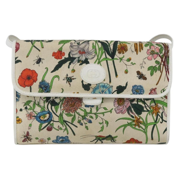 GUCCI Flora Shoulder Bag Canvas Beige Gold Auth 158509