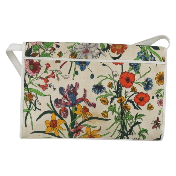 GUCCI Flora Shoulder Bag Canvas Beige Gold Auth 158509