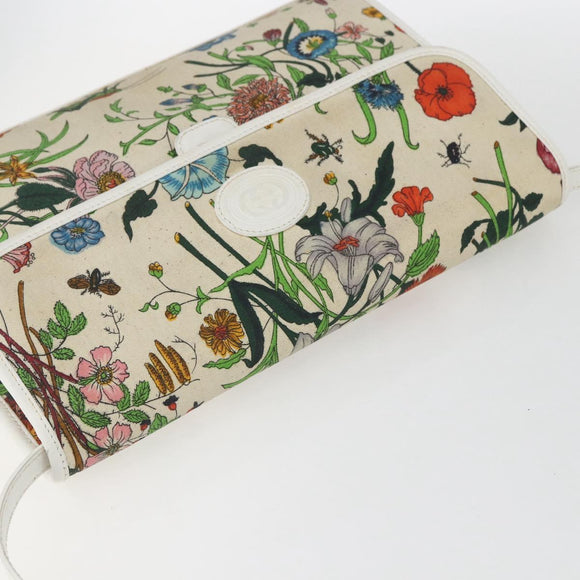 GUCCI Flora Shoulder Bag Canvas Beige Gold Auth 158509