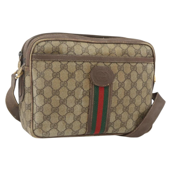 GUCCI GG Supreme Web Sherry Line Shoulder Bag PVC Beige Gold Auth 158516