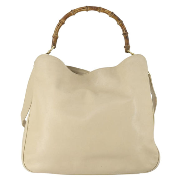 GUCCI Bamboo Hand Bag Leather 2way Beige Gold Auth 158524