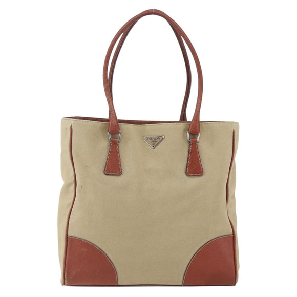 PRADA Tote Bag Canvas Beige Silver Auth 158525