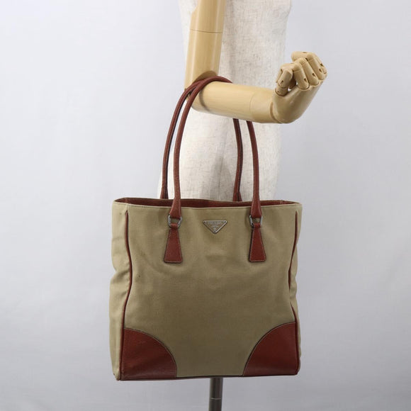 PRADA Tote Bag Canvas Beige Silver Auth 158525