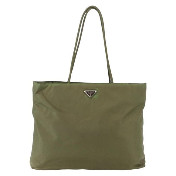 PRADA Tote Bag Nylon Khaki Silver Auth 158527