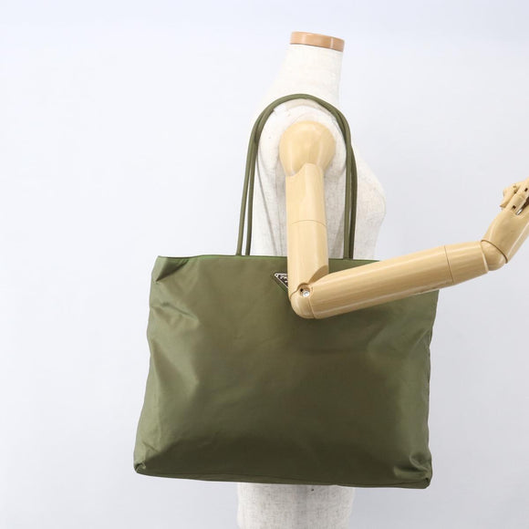 PRADA Tote Bag Nylon Khaki Silver Auth 158527