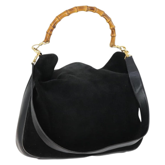 GUCCI Bamboo Hand Bag Suede 2way Black Gold 001 2404 1638 Auth 158529