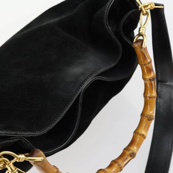 GUCCI Bamboo Hand Bag Suede 2way Black Gold 001 2404 1638 Auth 158529