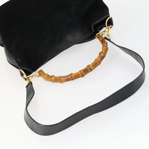 GUCCI Bamboo Hand Bag Suede 2way Black Gold 001 2404 1638 Auth 158529
