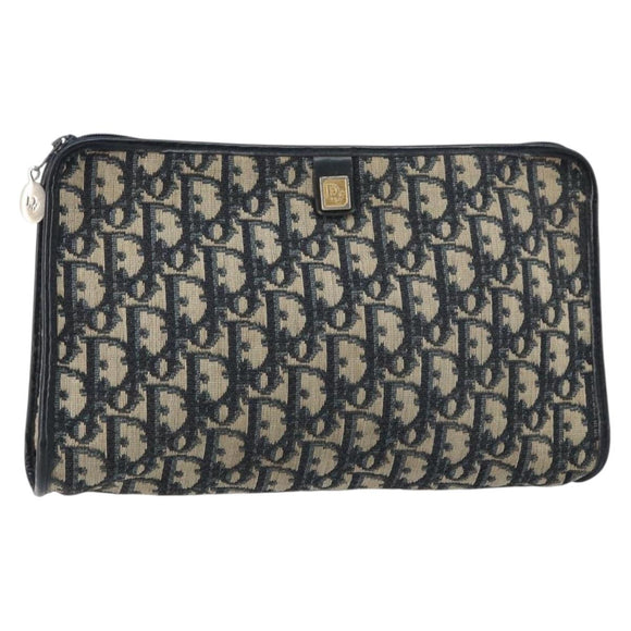 Christian Dior Trotter Canvas Clutch Bag Navy Gold Auth 158531