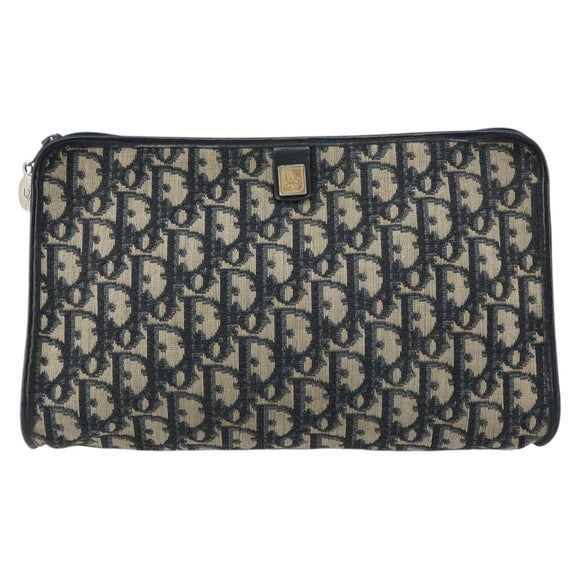 Christian Dior Trotter Canvas Clutch Bag Navy Gold Auth 158531
