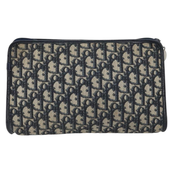 Christian Dior Trotter Canvas Clutch Bag Navy Gold Auth 158531