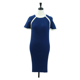 CHANEL Rib Knit Dress Cupra Blue CC Auth 158555M