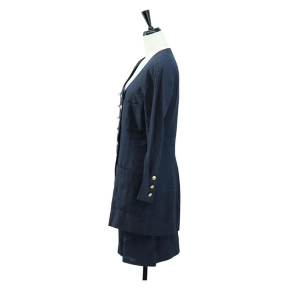 CHANEL jacket Skirt Setup Linen Navy CC Auth 158556M