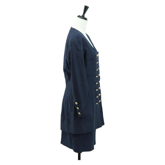 CHANEL jacket Skirt Setup Linen Navy CC Auth 158556M