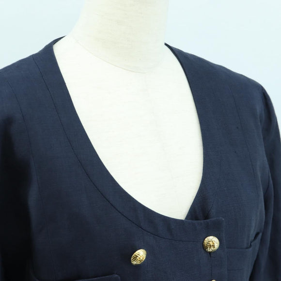 CHANEL jacket Skirt Setup Linen Navy CC Auth 158556M