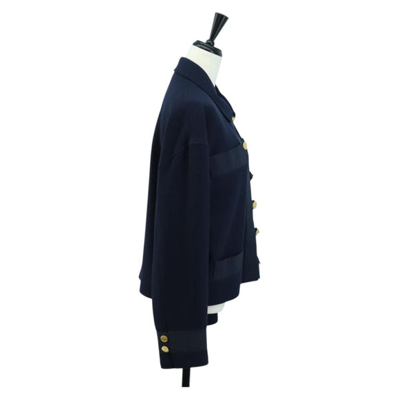 CHANEL Jacket Wool Vintage Navy CC Auth 158558M