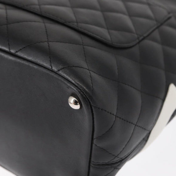CHANEL Cambon Line Tote Bag Leather Black Silver CC Auth 158676SAM