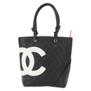 CHANEL Cambon Line Tote Bag Leather Black Silver CC Auth 158676SAM-13