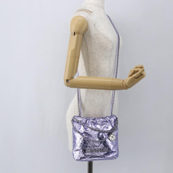 CHANEL Chain Chanel 22 Mini Hand Bag Leather 2way Purple CC Auth 158680SM