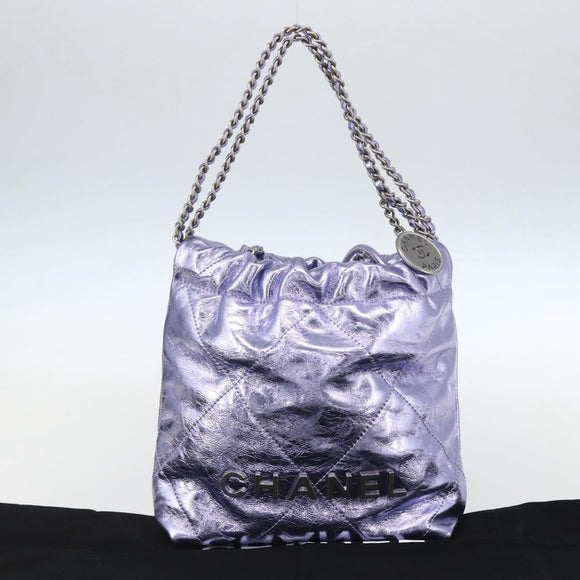 CHANEL Chain Chanel 22 Mini Hand Bag Leather 2way Purple CC Auth 158680SM