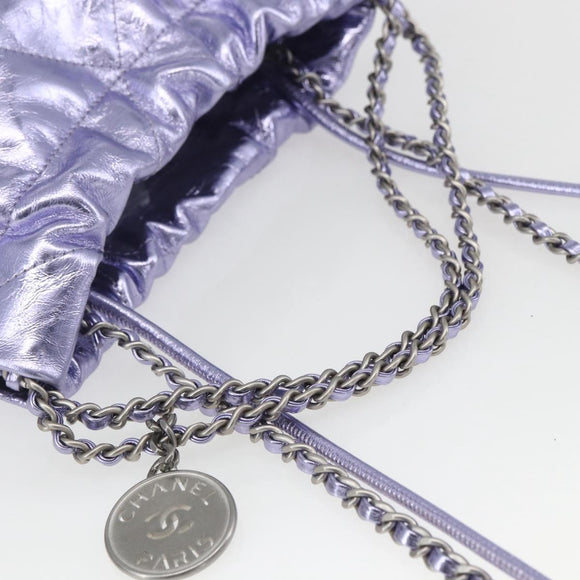 CHANEL Chain Chanel 22 Mini Hand Bag Leather 2way Purple CC Auth 158680SM