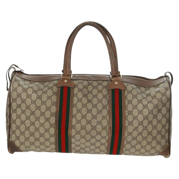 GUCCI GG Supreme Web Sherry Line Boston Bag PVC Beige Gold Auth 158687