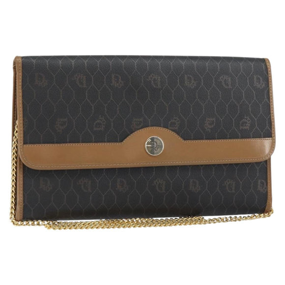 Christian Dior Honeycomb Canvas Chain Shoulder Bag PVC Black Gold Auth 158695