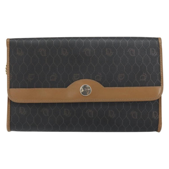 Christian Dior Honeycomb Canvas Chain Shoulder Bag PVC Black Gold Auth 158695