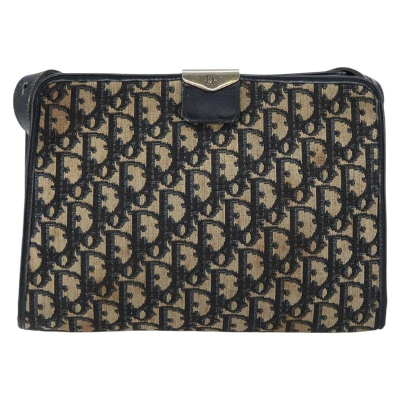 Christian Dior Trotter Canvas Shoulder Bag Navy Gold Auth 158697