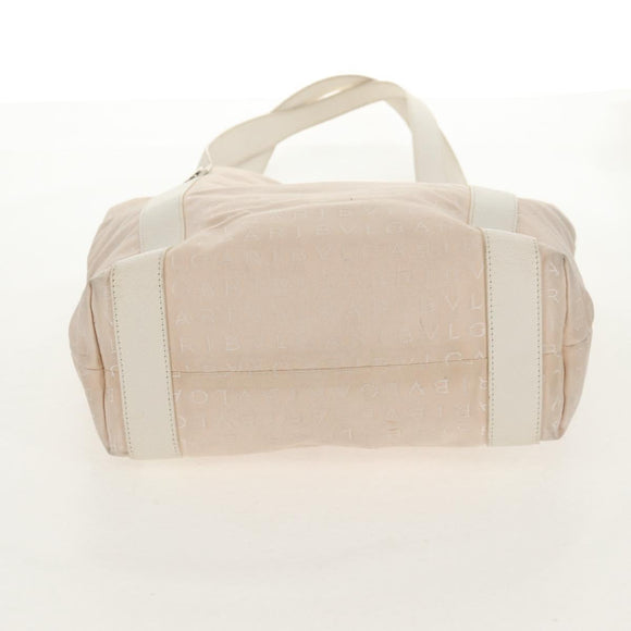 BVLGARI Logo Mania Tote Bag Canvas Leather Beige Silver Auth 158698