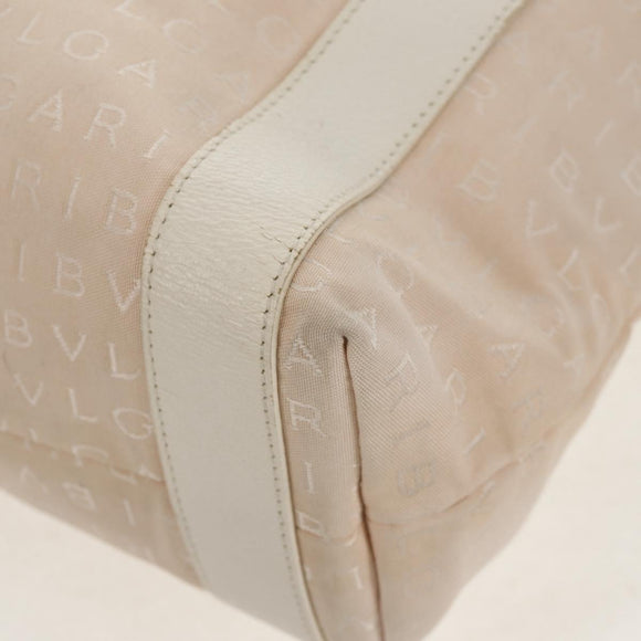 BVLGARI Logo Mania Tote Bag Canvas Leather Beige Silver Auth 158698