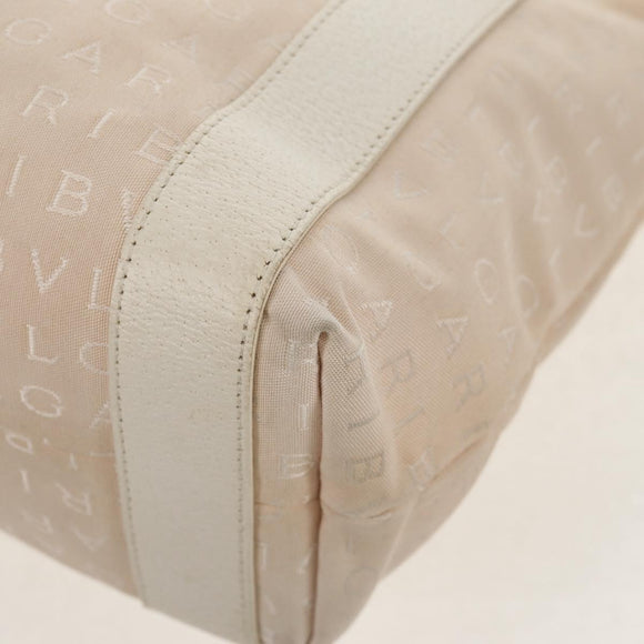 BVLGARI Logo Mania Tote Bag Canvas Leather Beige Silver Auth 158698