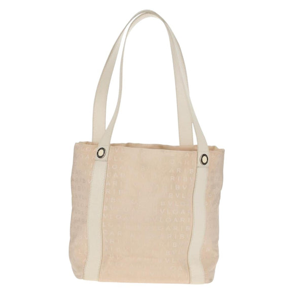 BVLGARI Logo Mania Tote Bag Canvas Leather Beige Silver Auth 158698